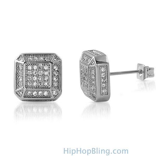 3D Smooth Box Rhodium CZ Micro Pave Bling Earrings HipHopBling