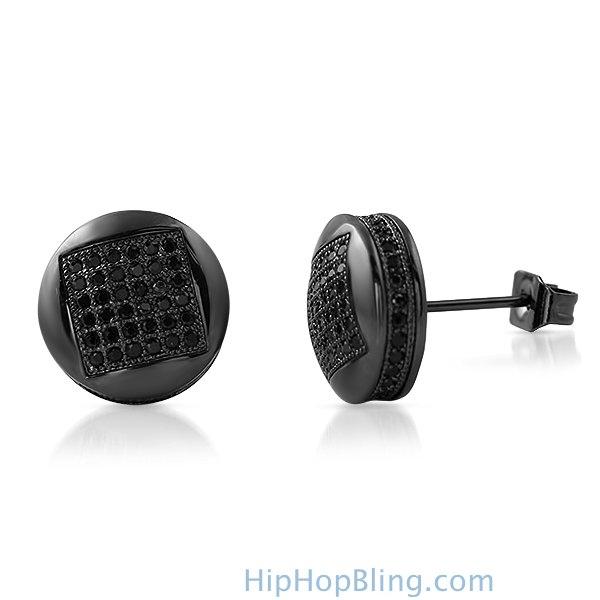3D Square in Circle Black CZ Bling Bling Earrings HipHopBling