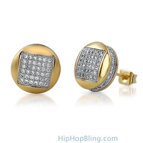 3D Square in Circle Gold CZ Bling Bling Earrings HipHopBling