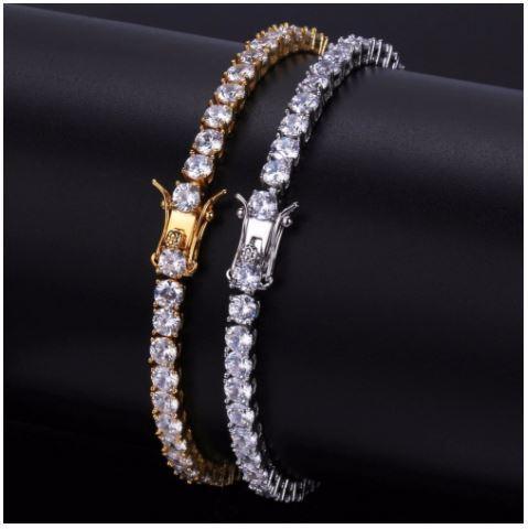 3MM CZ 1 Row Iced Out Tennis Bracelet .925 Sterling Silver Yellow Gold 7.5" HipHopBling