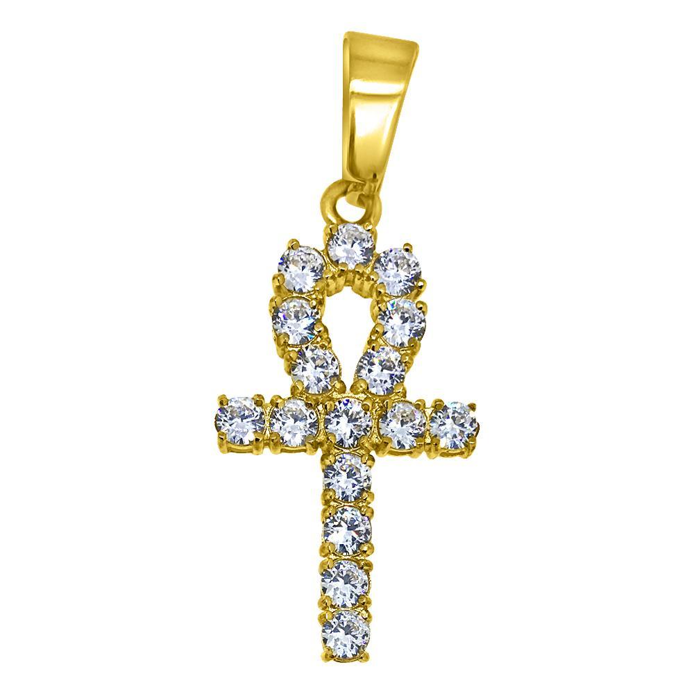 3MM CZ Ankh Cross Gold Stainless Steel Bling Bling Pendant Only HipHopBling
