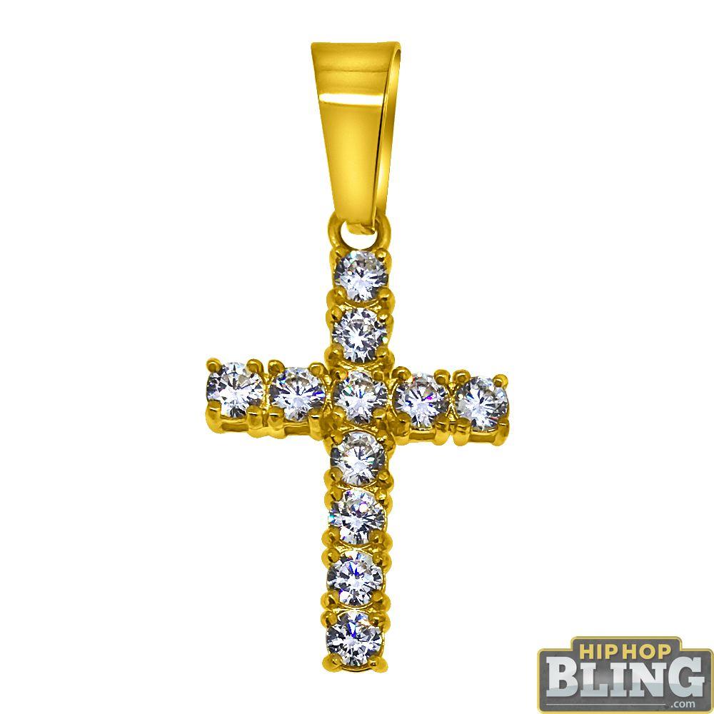 3MM CZ Tennis Cross Bling Bling Gold Steel Pendant Only HipHopBling