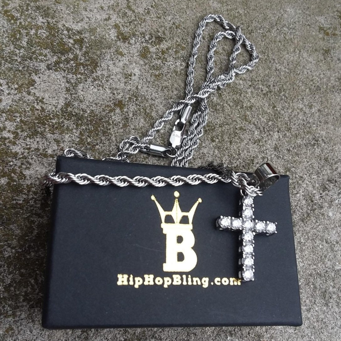 3MM CZ Tennis Cross Bling Bling Stainless Steel Pendant Only HipHopBling