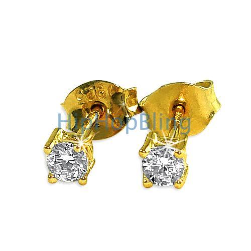 3mm Round Signity CZ Gold Vermeil Earrings HipHopBling