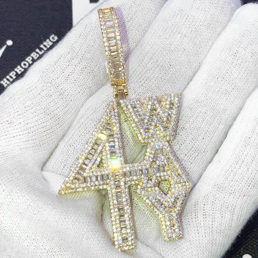 4 Way Baguette Medium VVS CZ Hip Hop Iced Out Pendant Yellow Gold HipHopBling
