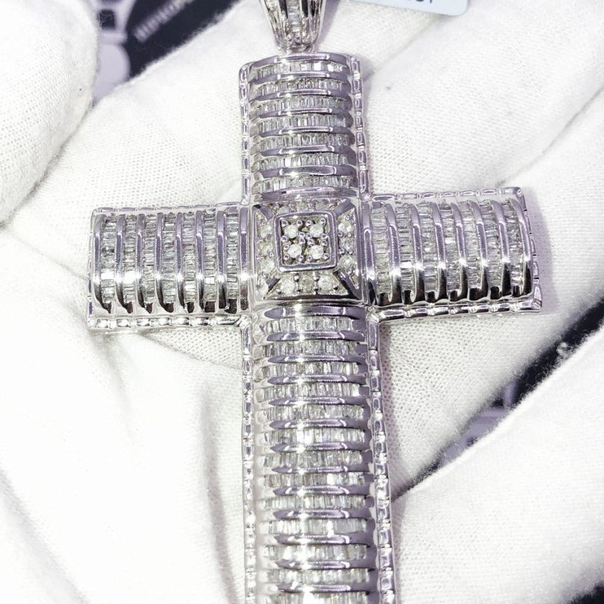 4.00 Carat Diamond Baguette Cross XL 10K White Gold HipHopBling