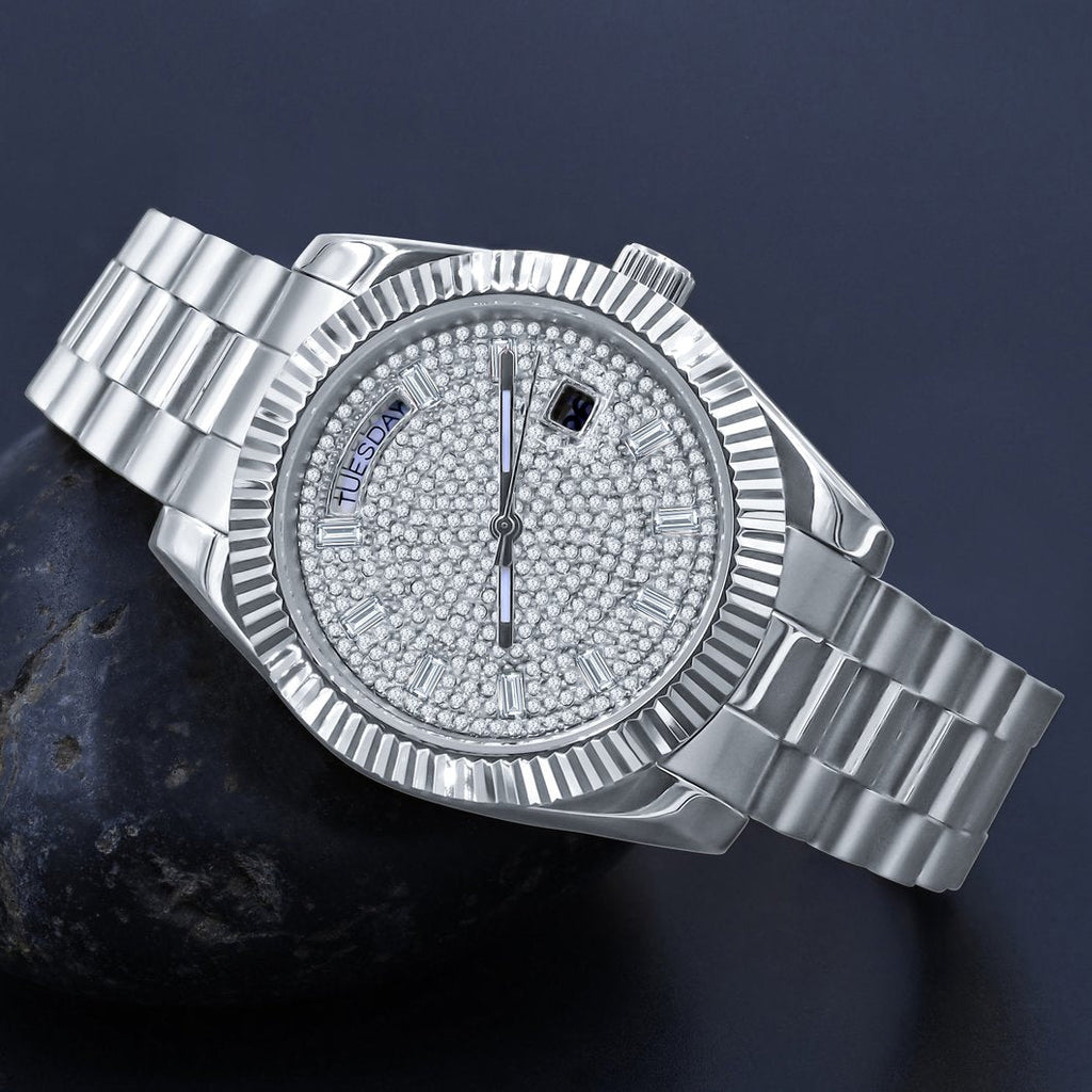 41MM CZ Pave Dial Baguette Hours Day Watch HipHopBling