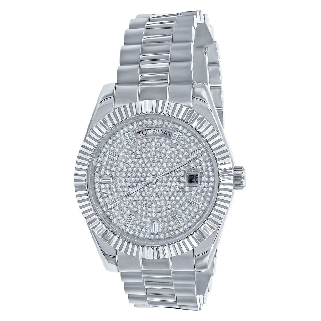 41MM CZ Pave Dial Baguette Hours Day Watch White Gold HipHopBling