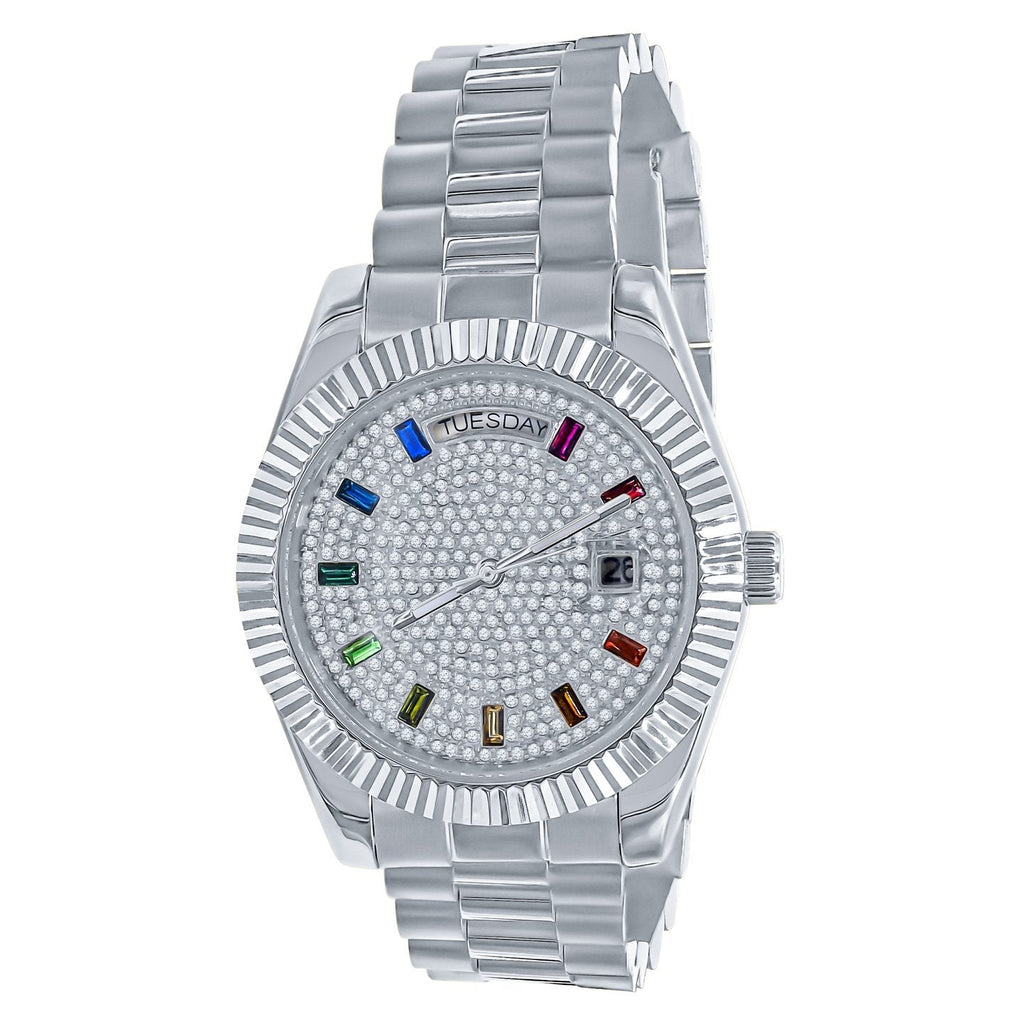 41MM CZ Pave Dial Rainbow Hours Day Watch White Gold HipHopBling