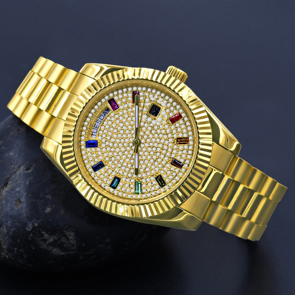 41MM CZ Pave Dial Rainbow Hours Day Watch Yellow Gold HipHopBling