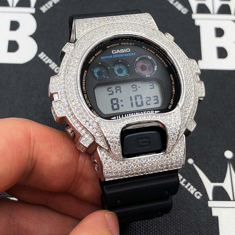4.25 Carat Moissanite VVS Iced Out G Shock DW6900 Custom Watch Jet Black HipHopBling