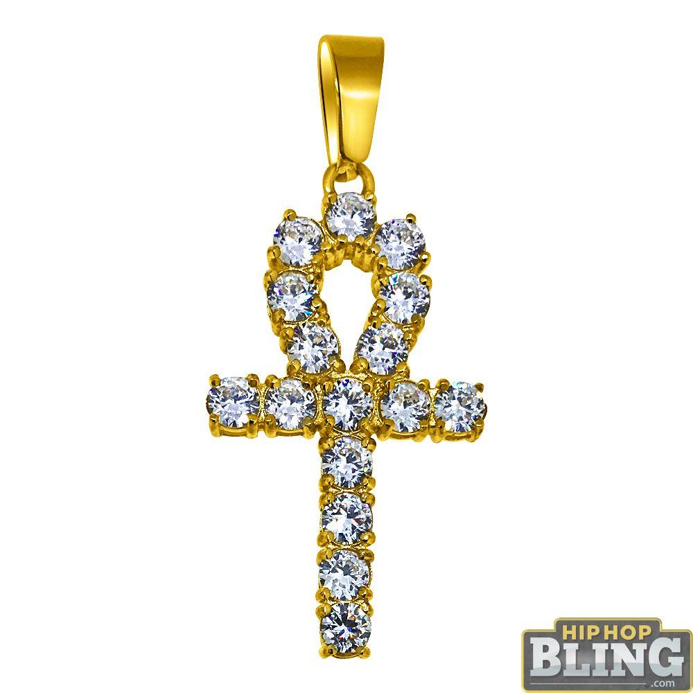 4MM CZ Ankh Cross Gold Stainless Steel Bling Pendant Only HipHopBling