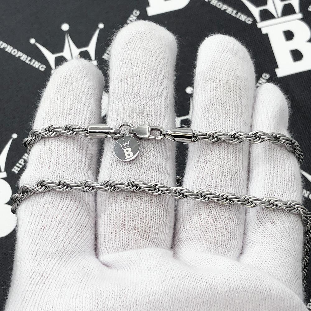 4MM Stainless Steel French Rope Chain White Gold 16" HipHopBling