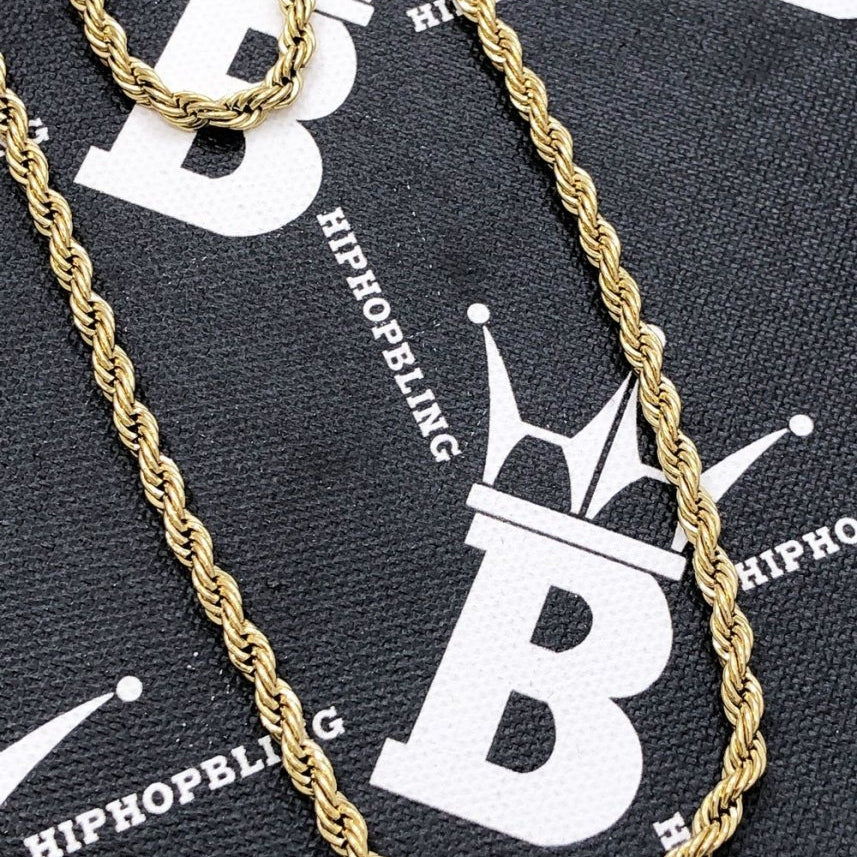 4MM Stainless Steel French Rope Chain Yellow Gold 16" HipHopBling