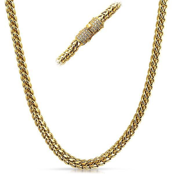 6MM CZ Diamond Clasp Gold Steel Franco Chain (24 Inches) 24 Inches HipHopBling