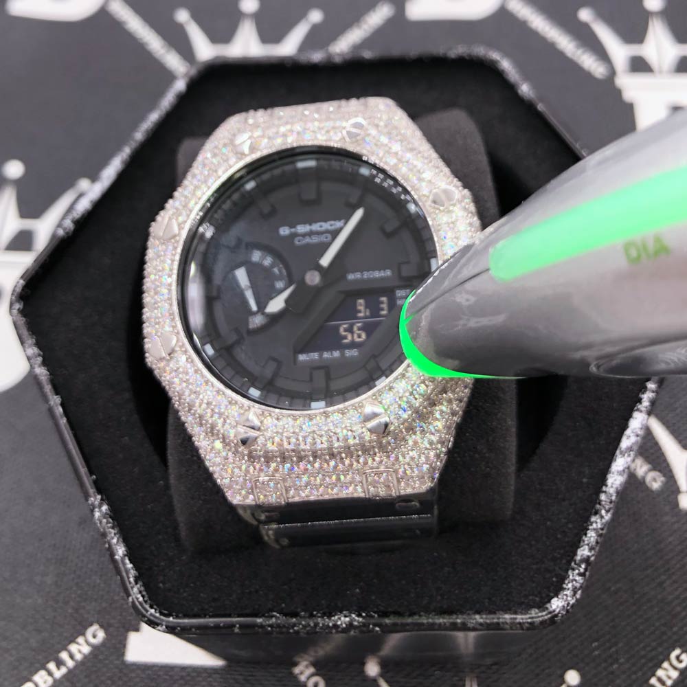 7.75 Carat VVS Moissanite Iced Out G Shock GA2100 Hip Hop Custom Watch Black Dial | Clear Band HipHopBling