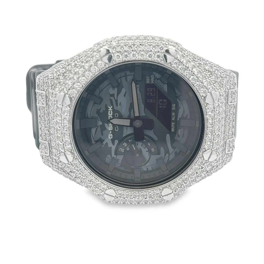 7.75 Carat VVS Moissanite Iced Out G Shock GA2100 Hip Hop Custom Watch Black Dial | Clear Band HipHopBling