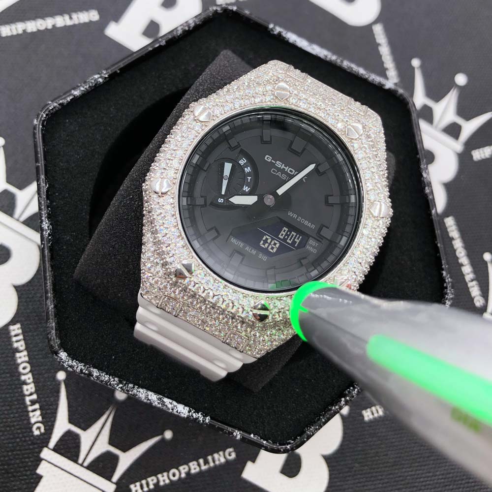 7.75 Carat VVS Moissanite Iced Out G Shock GA2100 Hip Hop Custom Watch Black Dial | Clear Band HipHopBling