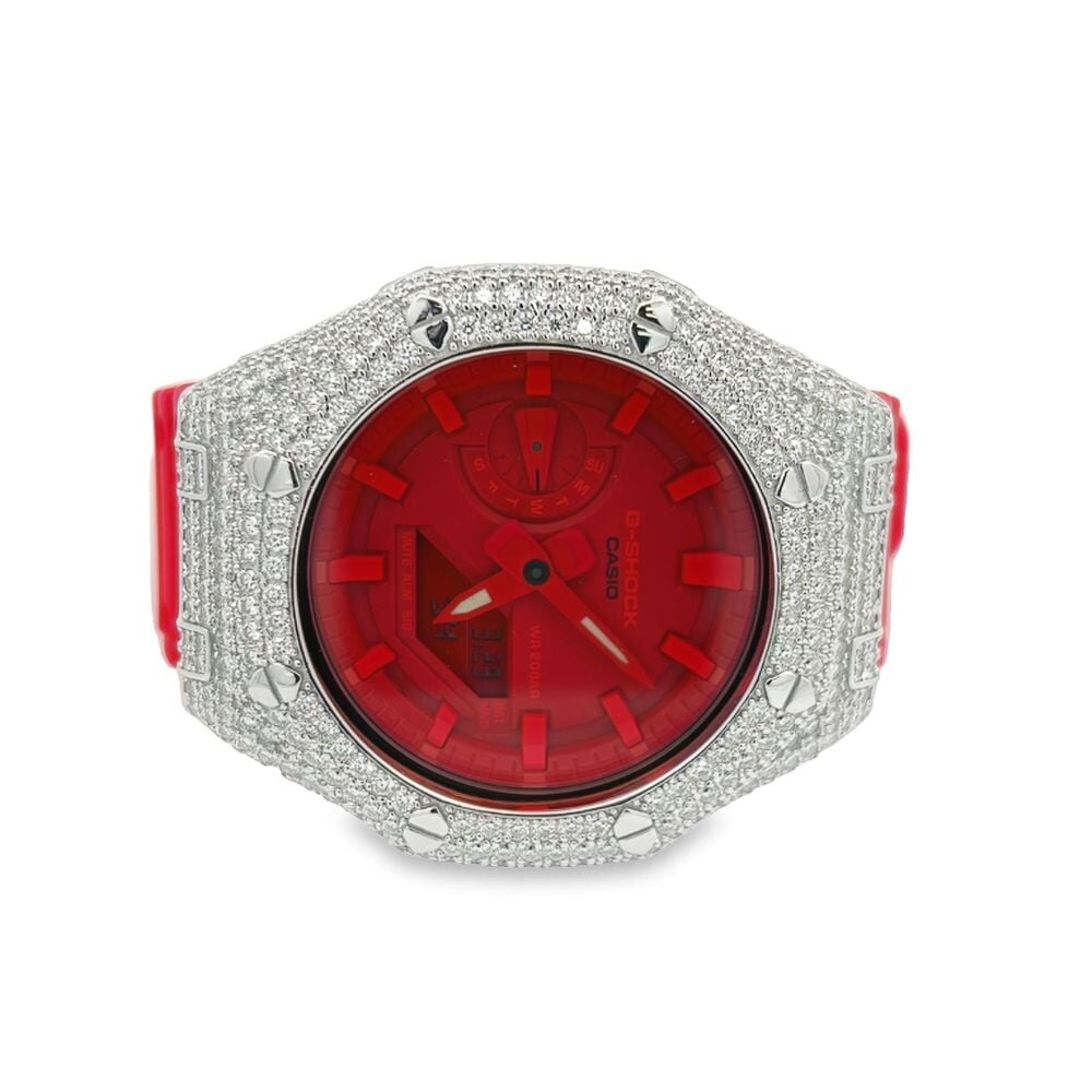 7.75 Carat VVS Moissanite Iced Out G Shock GA2100 Hip Hop Custom Watch Red HipHopBling