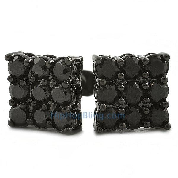 9 Stone Box Black CZ Bling Bling Earrings HipHopBling