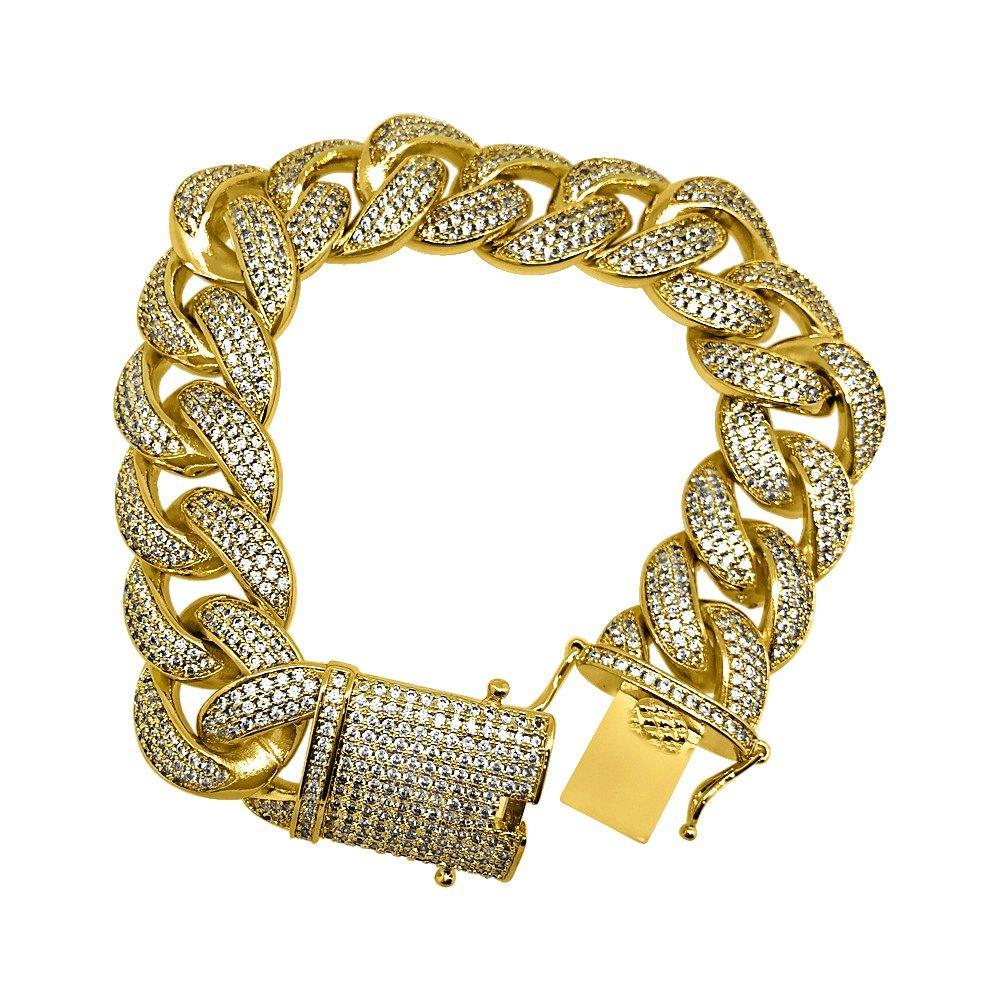 .925 Silver 19MM Gold Miami Cuban Ice Lock Bling Bracelet CZ 7" HipHopBling