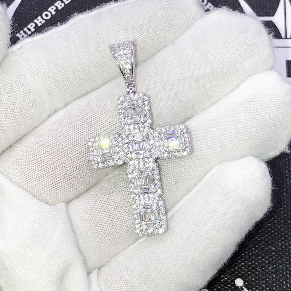 .925 Silver 3D Baguette Cluster Cross VVS CZ Iced Out Pendant Yellow Gold HipHopBling