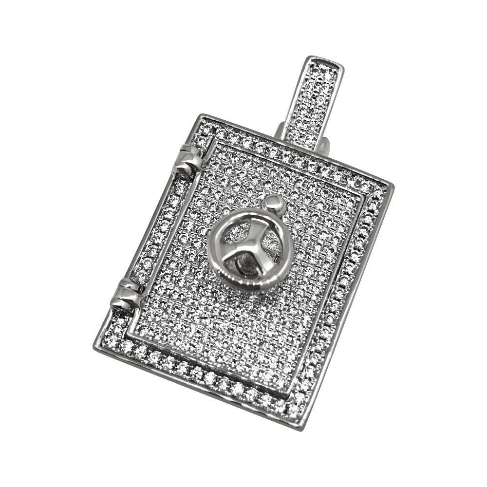 .925 Silver 3D Bank Safe Vault CZ Bling Bling Pendant White Gold HipHopBling