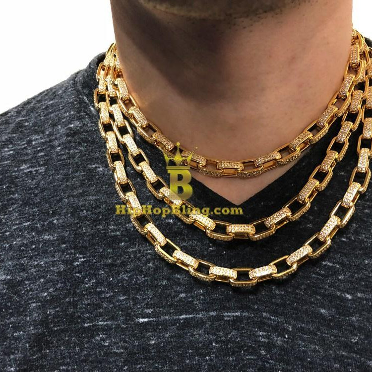 .925 Silver 3D Box Link CZ Bling Chain Gold Wrapped 18" HipHopBling