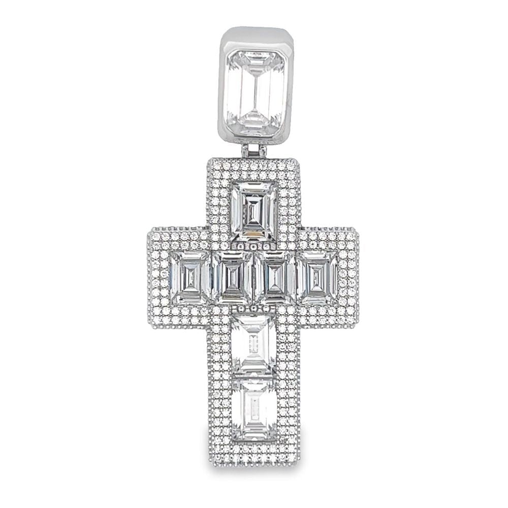 .925 Silver 3D Emerald Cut Thick CZ Iced Out Pendant White Gold HipHopBling
