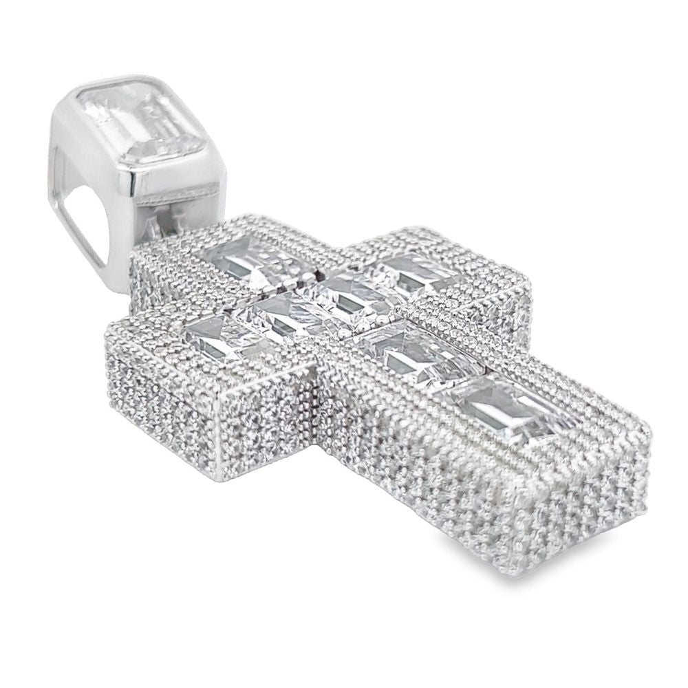 .925 Silver 3D Emerald Cut Thick CZ Iced Out Pendant White Gold HipHopBling