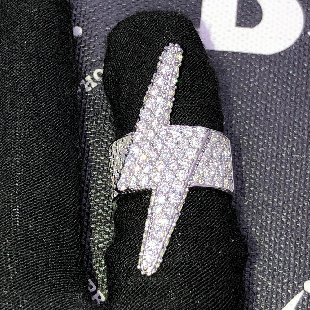 .925 Silver 3D Lightning Bolt Iced Out Hip Hop Ring White Gold 7 HipHopBling