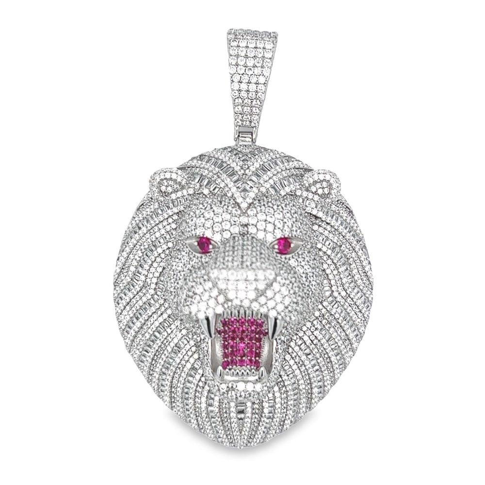 .925 Silver 3D Lion Face CZ Iced Out Pendant White Gold HipHopBling