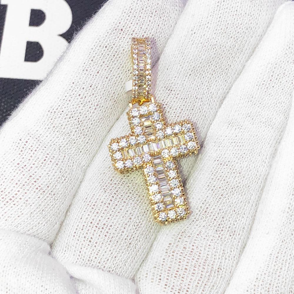.925 Silver 3D Mini Cross Baguette VVS CZ Iced Out Pendant Yellow Gold HipHopBling
