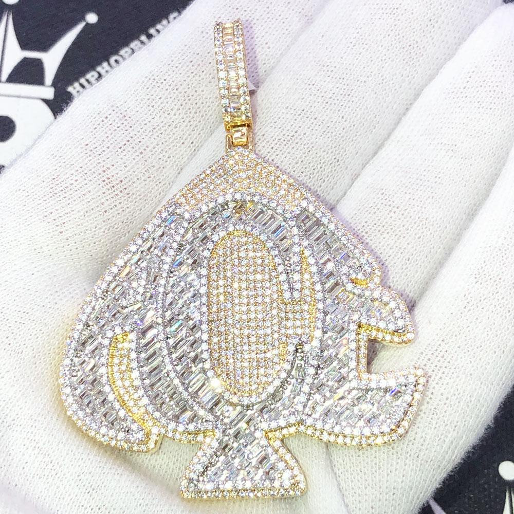 .925 Silver ACE Spade Baguette VVS CZ Iced Out Pendant Yellow Gold HipHopBling