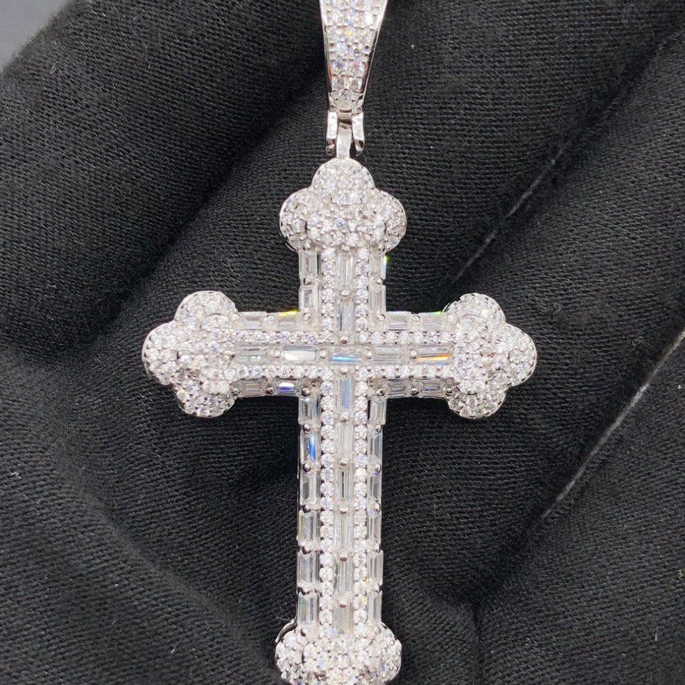 .925 Silver Antique Cross Baguette VVS CZ Iced Out Pendant White Gold HipHopBling