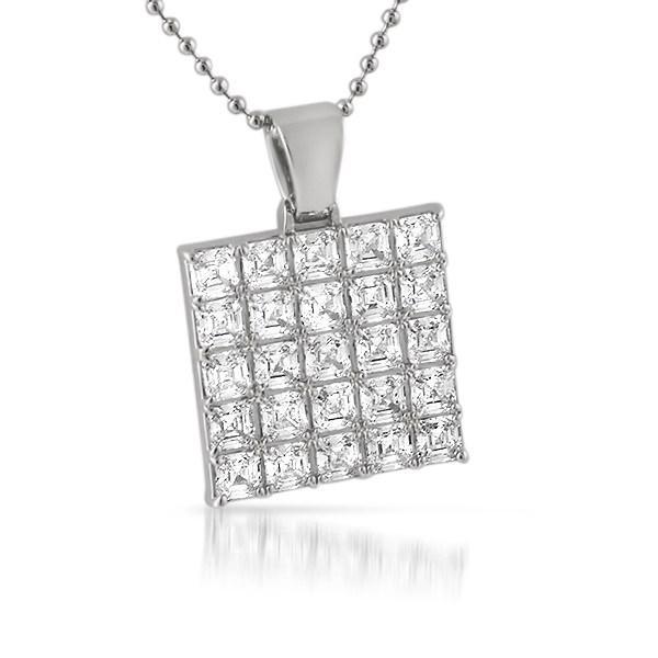 .925 Silver Asscher Cut CZ Bling Bling Block Pendant White Gold HipHopBling