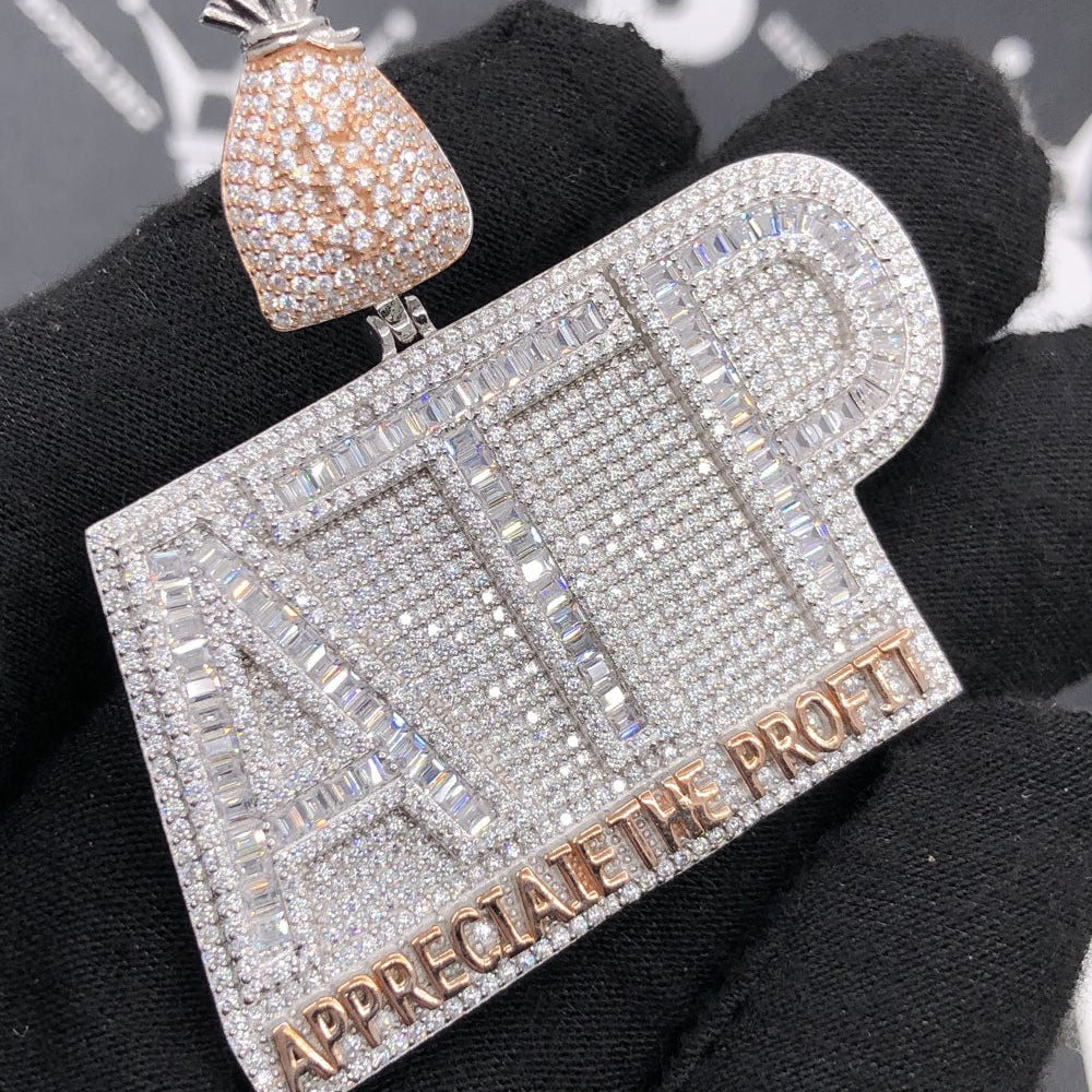 .925 Silver ATP Appreciate the Profit Baguette VVS CZ Iced Out Pendant White Gold HipHopBling