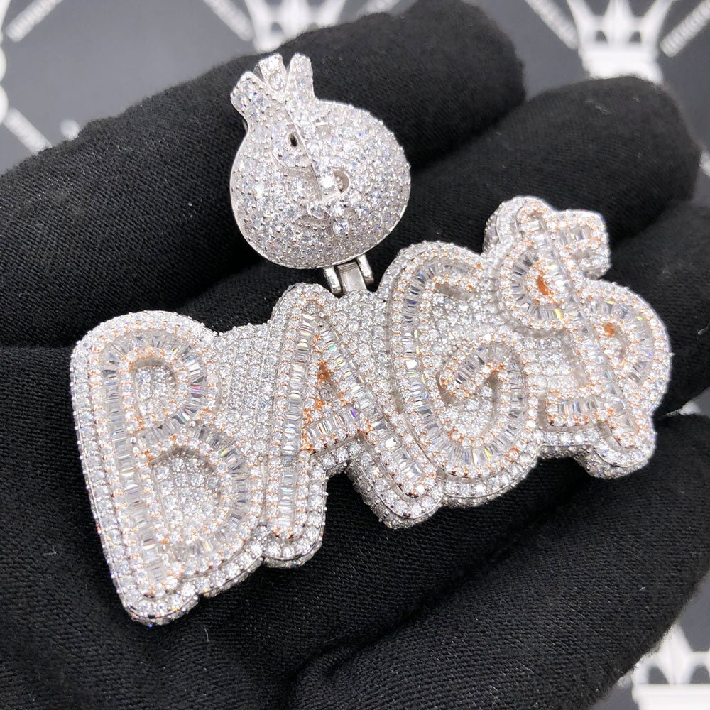 .925 Silver BAG$ VVS CZ Iced Out Pendant White Gold HipHopBling
