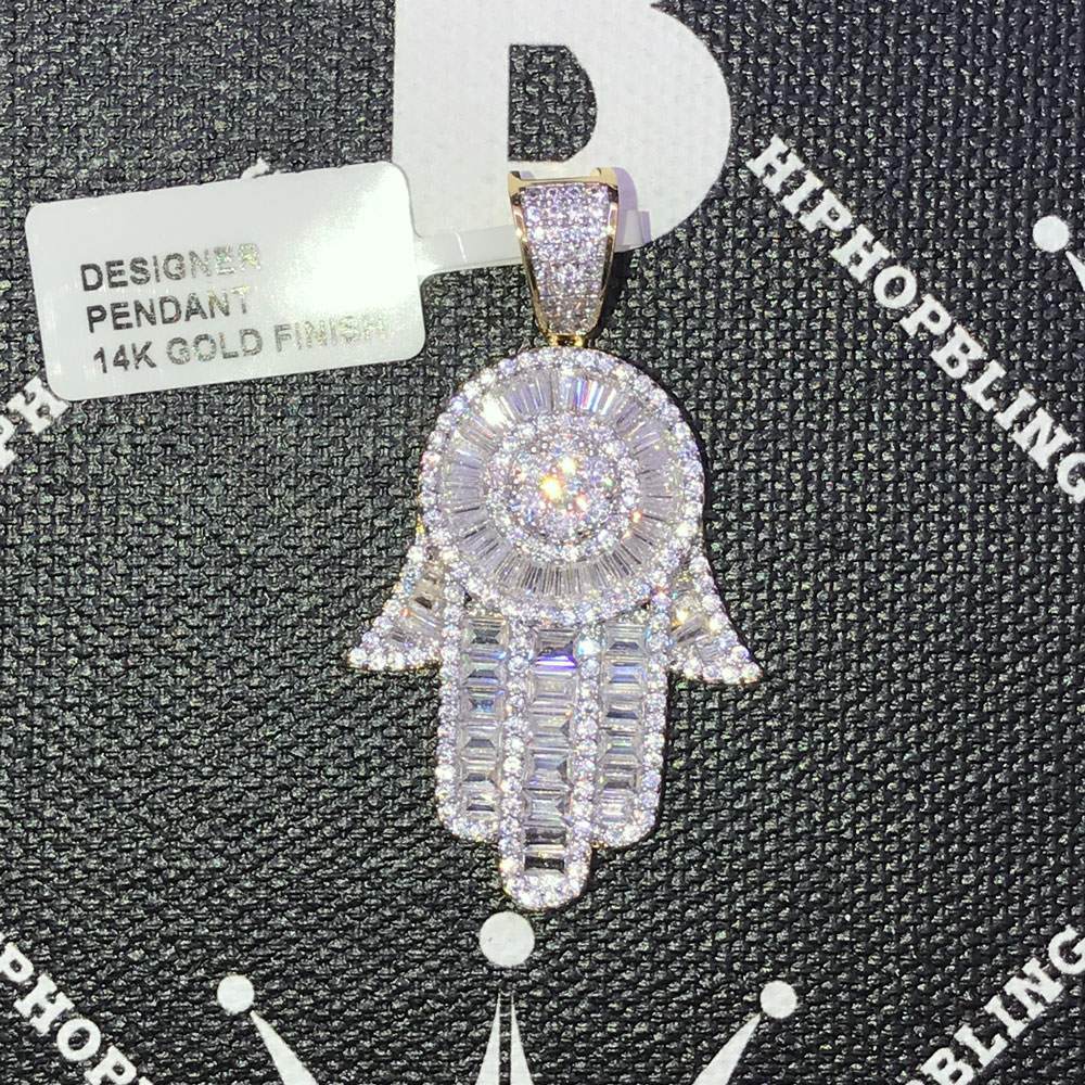.925 Silver Baguette Hamsa VVS CZ Iced Out Pendant Yellow Gold HipHopBling