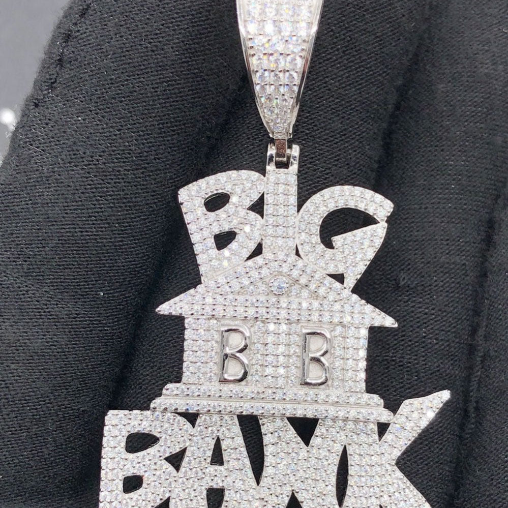 .925 Silver Big Bank VVS CZ Iced Out Pendant White Gold HipHopBling