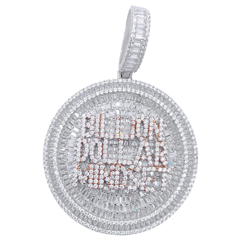 .925 Silver Billion Dollar Mindset Baguette VVS CZ Iced Out Pendant White Gold HipHopBling