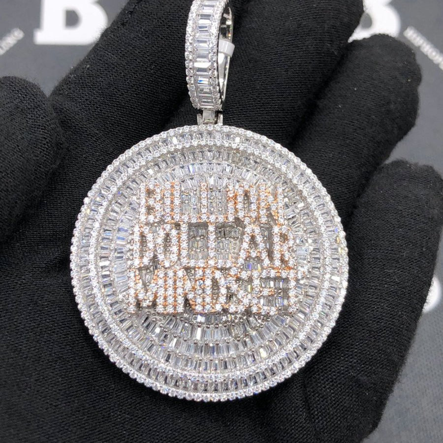.925 Silver Billion Dollar Mindset Baguette VVS CZ Iced Out Pendant White Gold HipHopBling