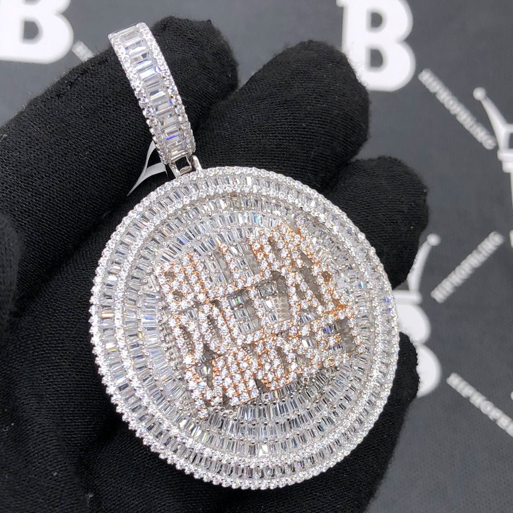 .925 Silver Billion Dollar Mindset Baguette VVS CZ Iced Out Pendant White Gold HipHopBling