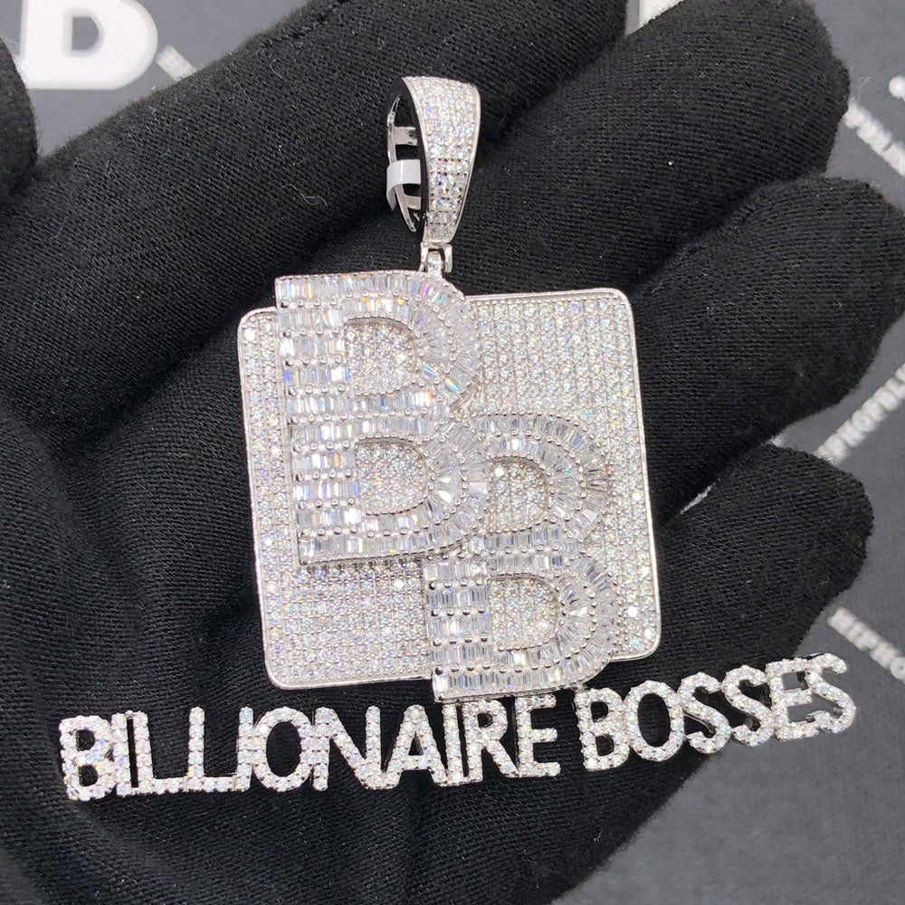 .925 Silver Billionaire Bosses Baguette VVS CZ Iced Out Pendant White Gold HipHopBling
