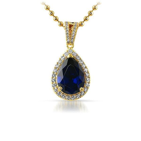 .925 Silver Blue Pear Cut Gem Iced Out Gold Pendant HipHopBling