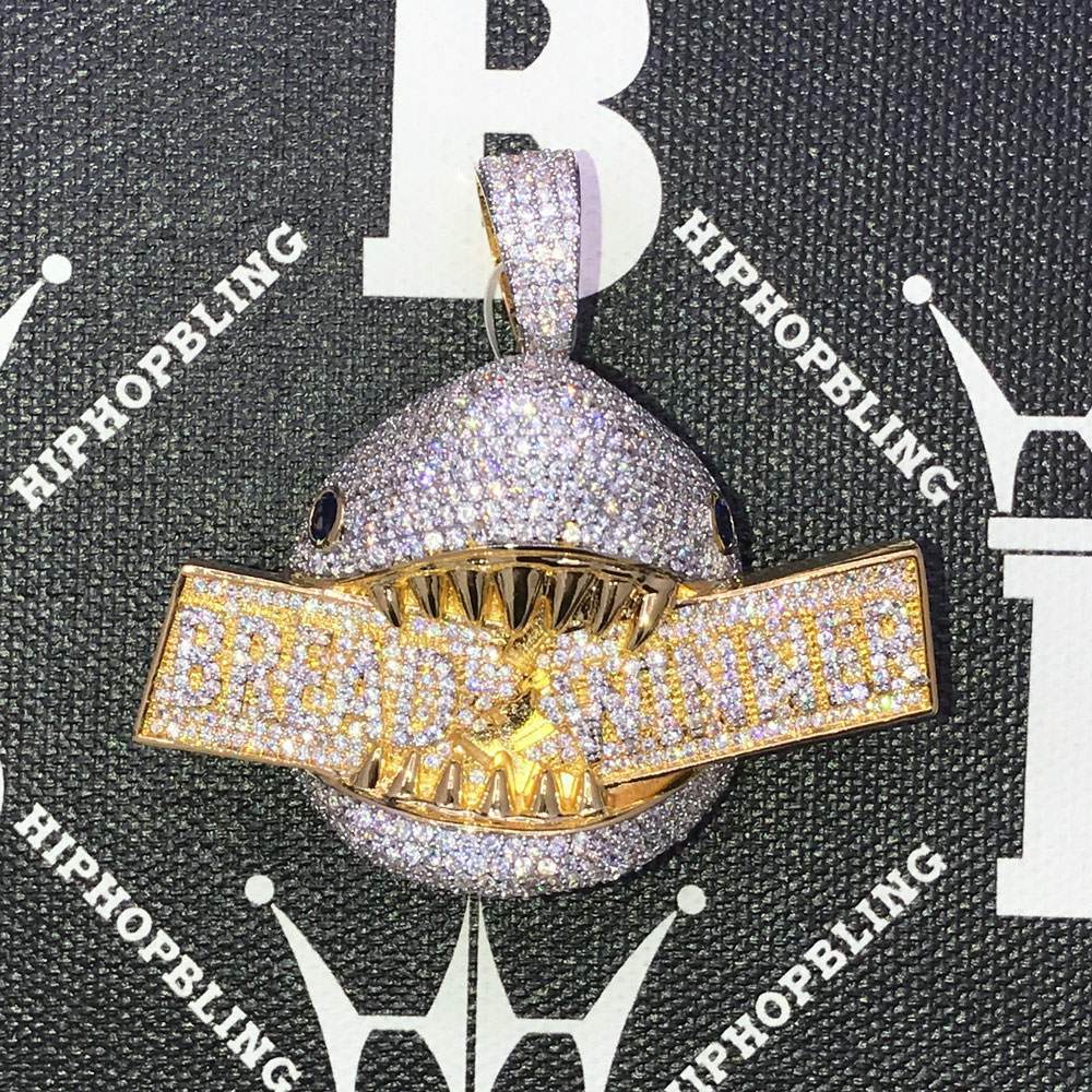 .925 Silver Bread Winner Shark VVS CZ Iced Out Pendant Yellow Gold HipHopBling
