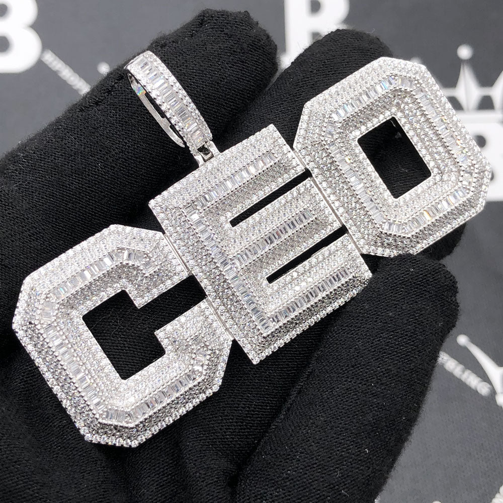 .925 Silver CEO 3D Baguette VVS CZ Iced Out Pendant White Gold HipHopBling