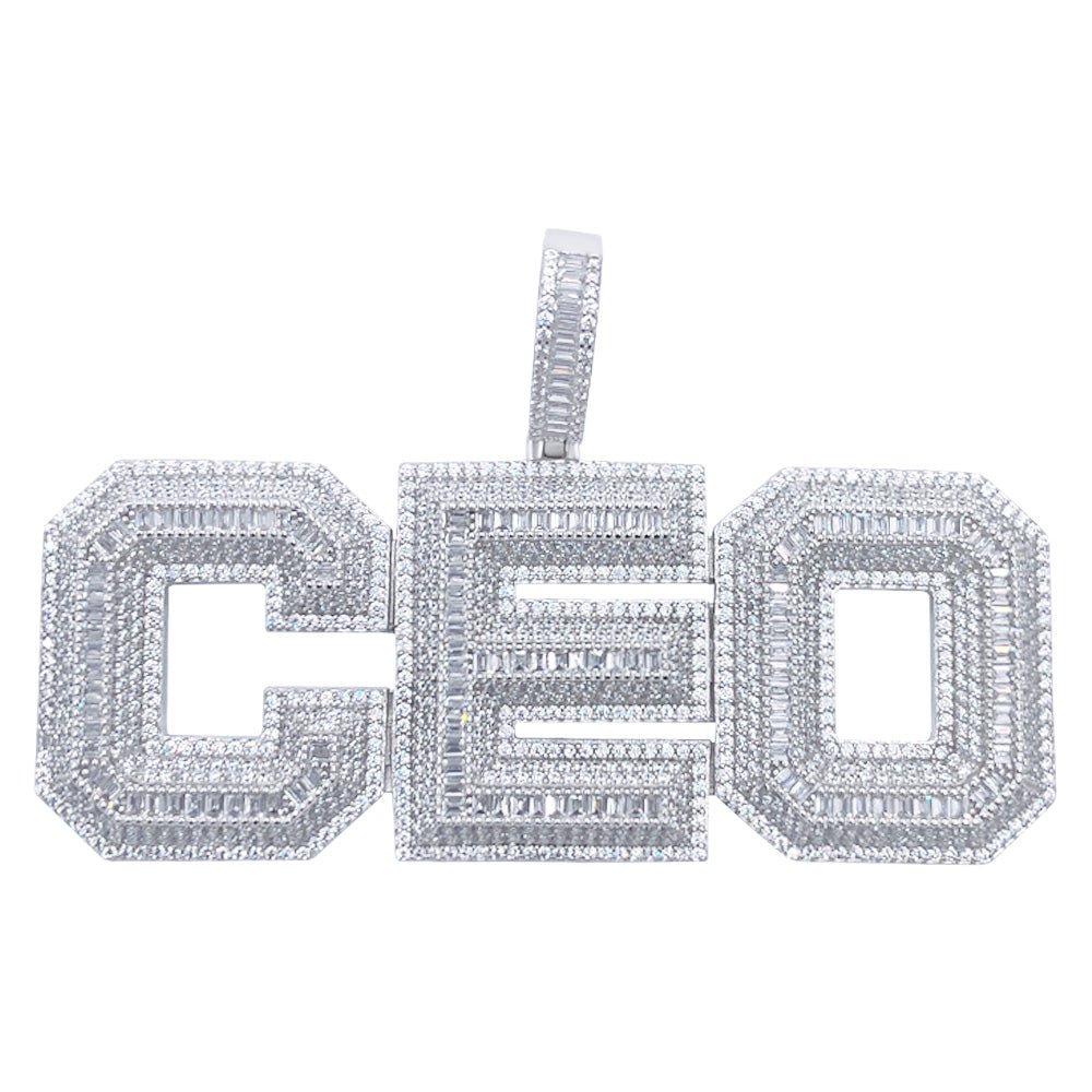 .925 Silver CEO 3D Baguette VVS CZ Iced Out Pendant White Gold HipHopBling