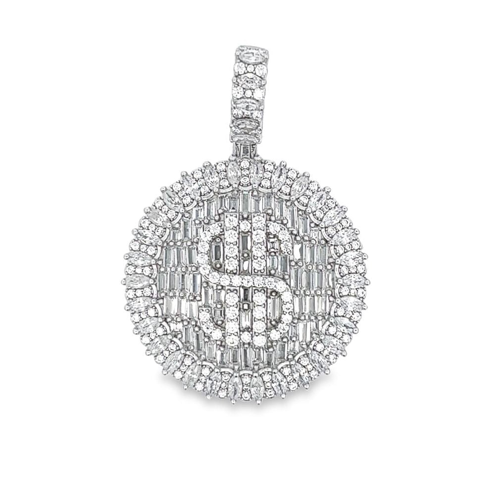 .925 Silver $ Dollar Sign Marquis Baguette Circle CZ Iced Out Pendant White Gold HipHopBling