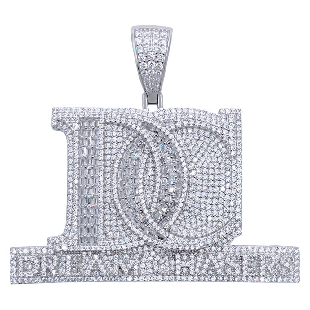 .925 Silver Dream Chasers DC Baguette CZ Iced Out Pendant White Gold HipHopBling